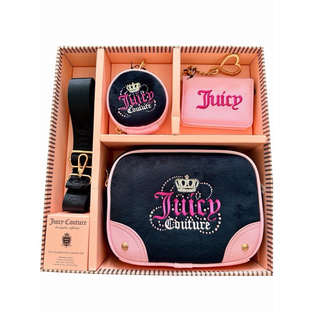 JUICY COUTURE Heritage Velour Crossbody Bag 4-Piece Set in Black and Pink NIB